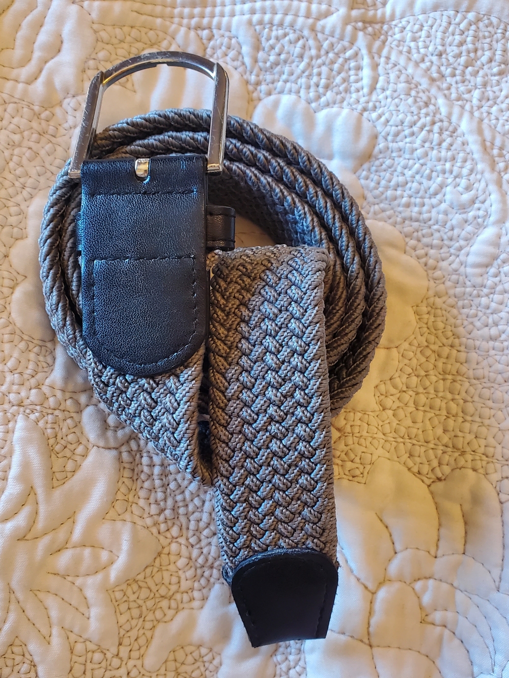 Men's Woven Gray Belt with Black Leather Trim